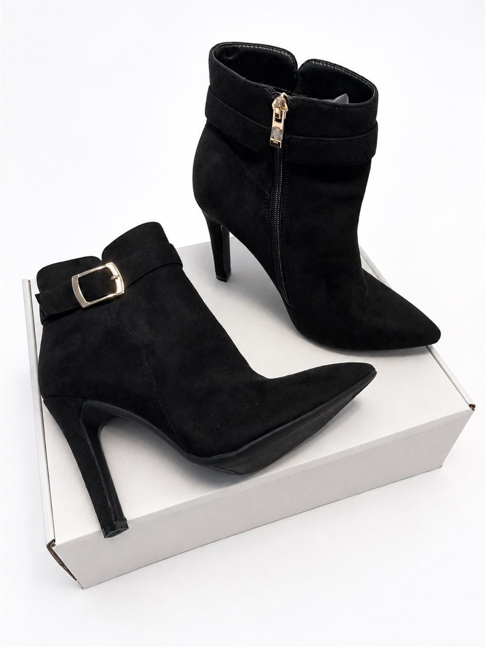 IDIFU Black Faux Suede Pointed Toe Ankle Booties Size 7.5 NWOB Heel Buckle - Picture 4 of 14